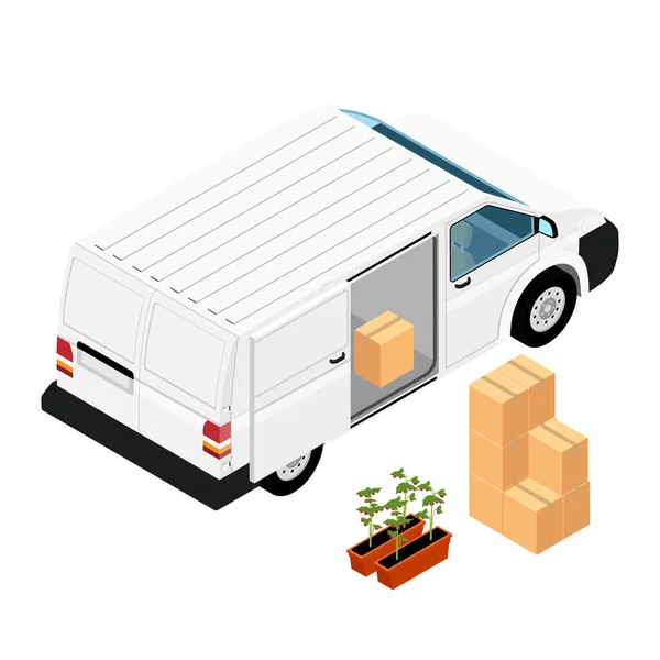Білий реалістичний вантажний фургон, мінівен з коробками. Завантаження на вантажівку томатних саджанців і картонних коробок — стоковий вектор