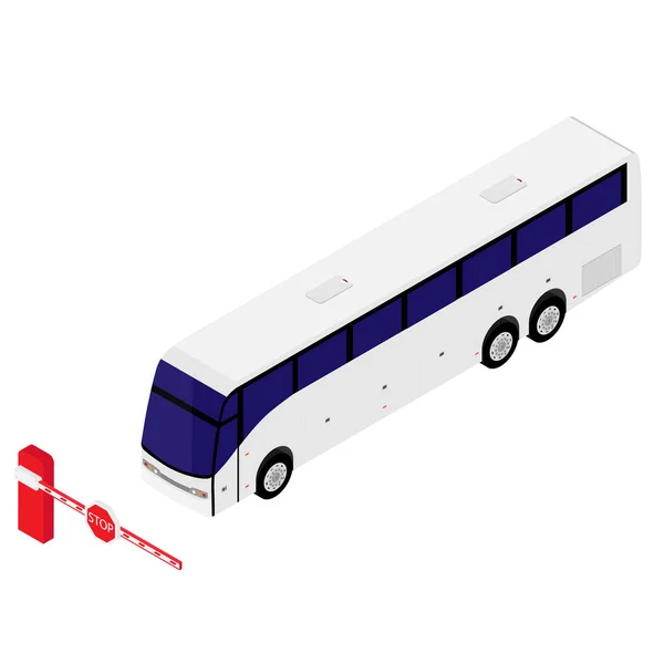 Puerta de barrera de coche con señal de stop y vista isométrica de autobús urbano. Concepto de sistema de entrada — Archivo Imágenes Vectoriales