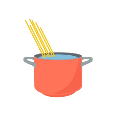 Spagetti sıcak su pişirme tenceresinde beyaz arka plan üzerinde izole kaynayan.
