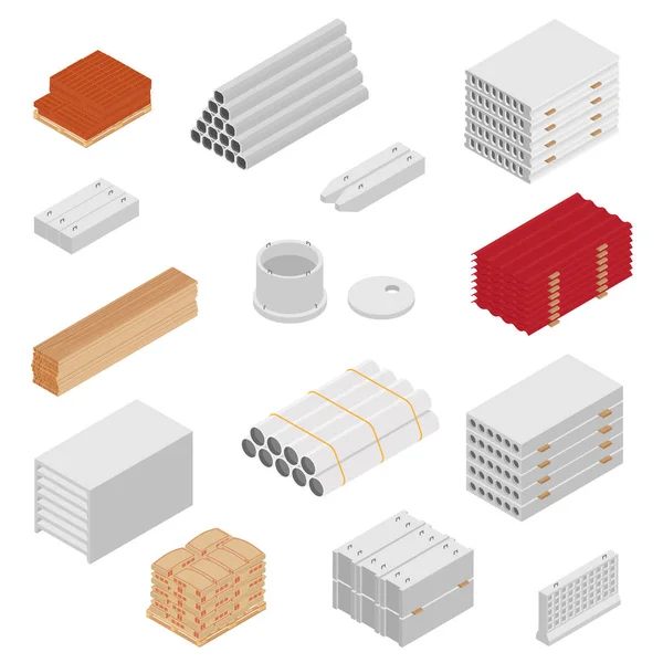 Conjunto de iconos vectoriales de materiales de construcción y construcción vista isométrica aislada sobre fondo blanco . — Vector de stock