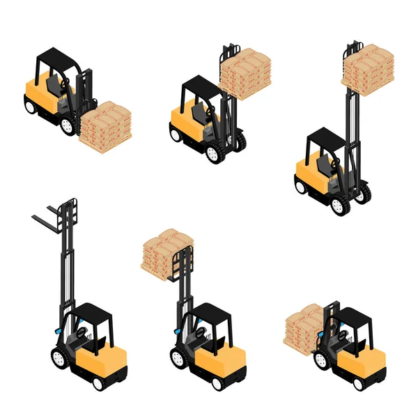 Forkliftler, güvenilir ağır yükleyici, kamyon taşıma kargo çimento torbaları ahşap palet — Stok Vektör