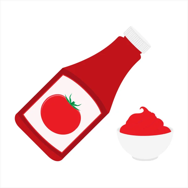 Ketchupflasche und Tomatenketchup in einer Schüssel isoliert auf weißem Hintergrund. Tomatenketchup-Sauce — Stockvektor