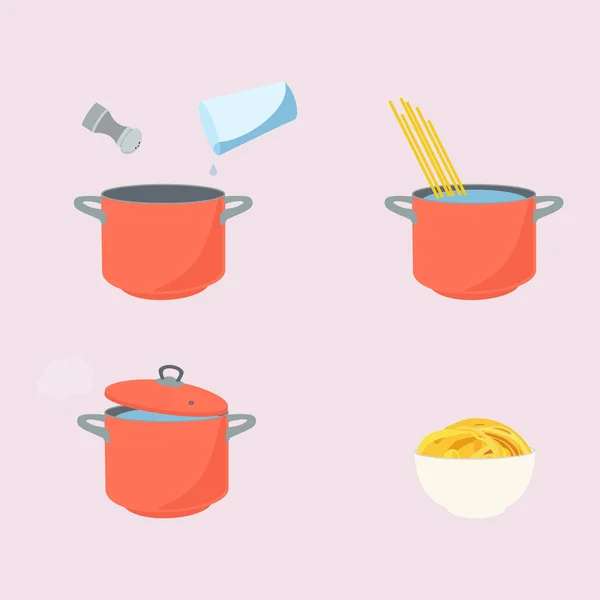 Pasta koken routebeschrijving, instructies. Stappen hoe pasta te bereiden. — Stockvector