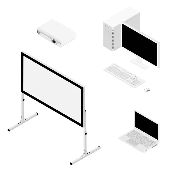 Dizüstü bilgisayar, projektör ve ekran izometrik görünümü. Gerçekçi video projektörü, beyaz boş ekran, kişisel ve dizüstü bilgisayar — Stok Vektör