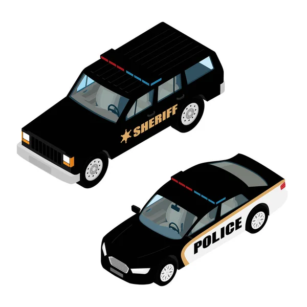 Поліцейський автомобільний набір ізометричного вигляду ізольований на білому тлі. Поліцейський транспорт. Шериф позашляховик і поліцейський автомобіль — стоковий вектор