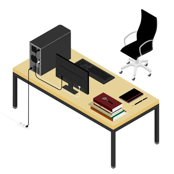 Werkplek Bureau en bureaustoel. Personal computer, stapel boeken, notebook en pen op het Bureau op kantoor. Nieuwe werknemer, medewerker bij het team — Stockvector