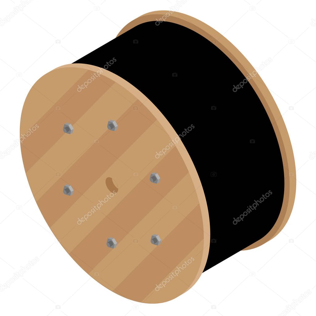 Black wire electric cable with wooden coil of electric cable.