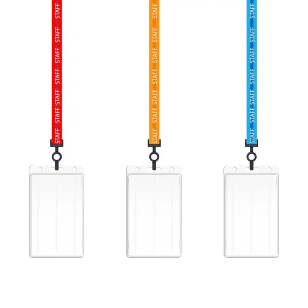 Realistische werknemers identificatiekaart op kleur Lanyards met metalen clips geïsoleerd op de achtergrond. — Stockfoto