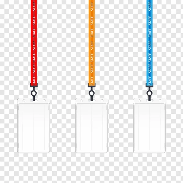 Realistic employees identification card on color lanyards with metal clips isolated on background.