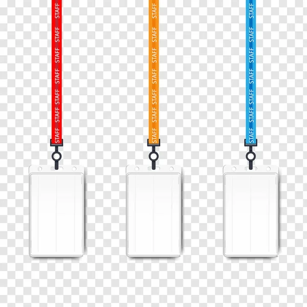 Realistische werknemers identificatiekaart op kleur Lanyards met metalen clips geïsoleerd op de achtergrond. — Stockfoto