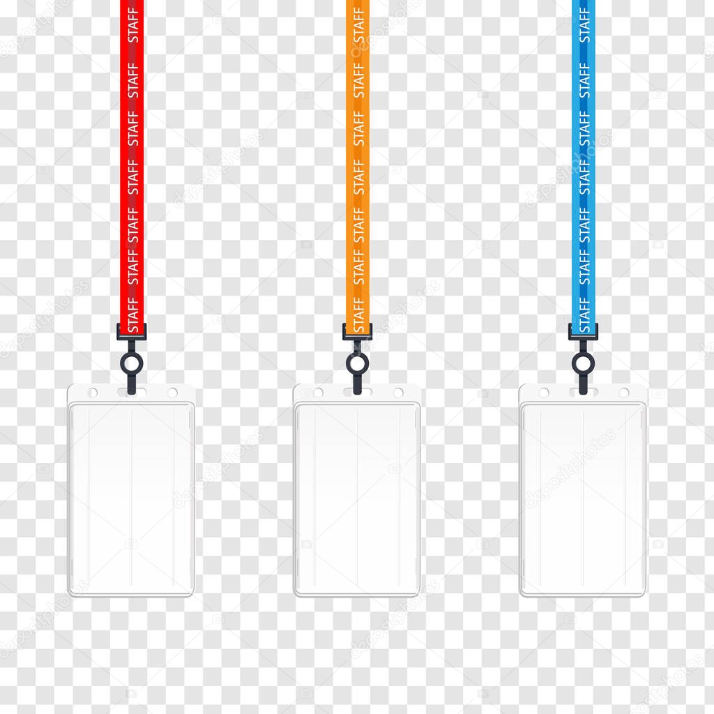 Realistic employees identification card on color lanyards with metal clips isolated on background.