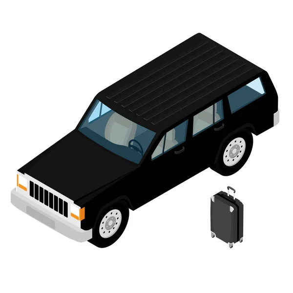 Isometric black jeep car and traveling luggage — Stock Photo, Image