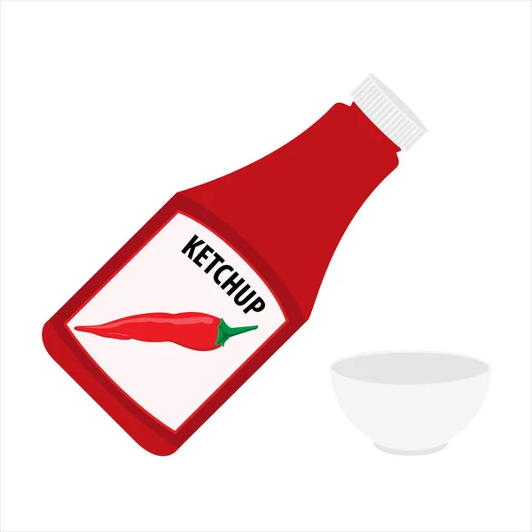 Botella de ketchup y ketchup de tomate en un bol aislado sobre fondo blanco. Salsa de salsa de salsa de tomate y chile chile — Archivo Imágenes Vectoriales