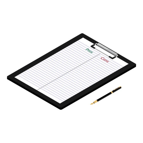 Pros cons concept. Pros Cons list paper on clipboard with pen. — Stock Vector