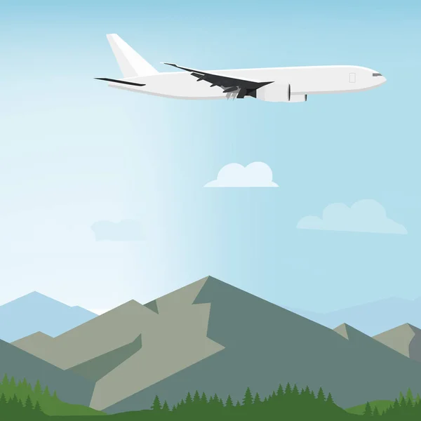 Táj kilátás hegyek, erdő és repülő repülőgép. Nyári és tavaszi táj, háttér. — Stock Vector