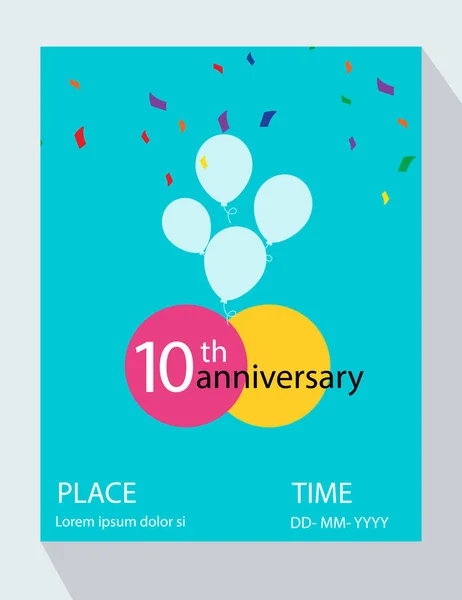 10. Yıl Dönümü davetiyetasarım, hediye kutusu ve balonlar, kurdele, doğum günü kutlama partisi için Renkli Vektör şablon elemanları ile — Stok Vektör