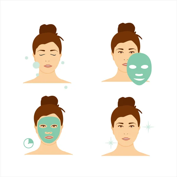 Passaggi come applicare la maschera facciale. Bellezza moda ragazza applicare maschera facciale . — Vettoriale Stock