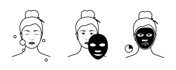 Pasos cómo aplicar mascarilla facial. Belleza moda chica aplicar máscara facial . — Archivo Imágenes Vectoriales