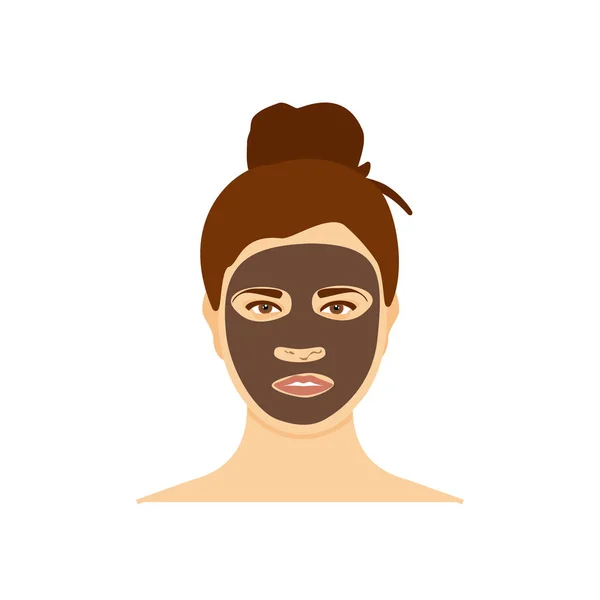 Mujer con máscara marrón carbón en su cara aislada sobre fondo blanco — Vector de stock