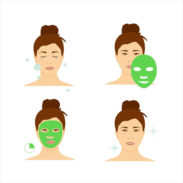 Passos como aplicar máscara facial. Menina de moda beleza aplicar máscara facial . — Vetor de Stock