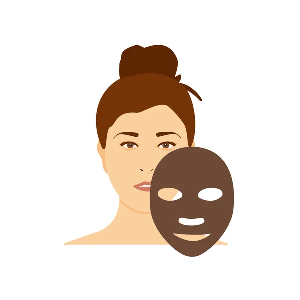 Жінка наносить на обличчя маску з вугілля коричневого кольору ізольовано на білому тлі — стоковий вектор