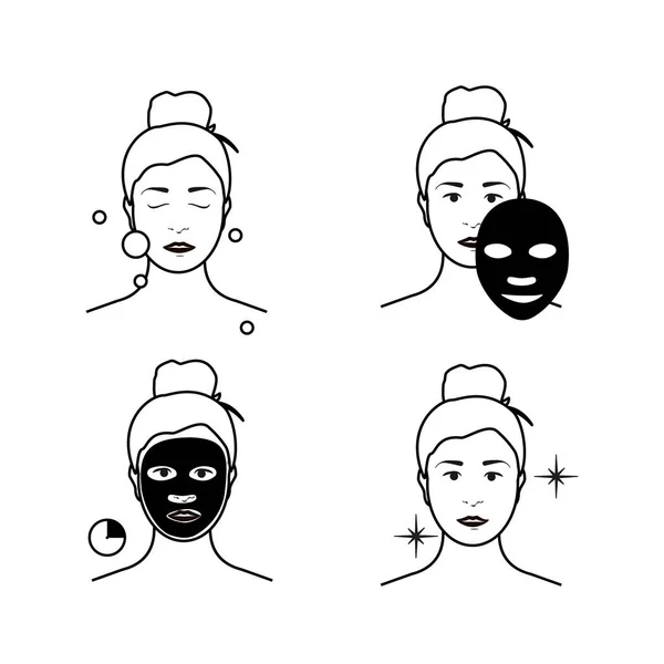 Étapes comment appliquer un masque facial. Beauté fille de mode appliquer masque facial . — Image vectorielle