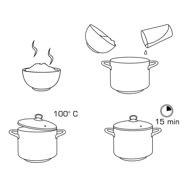 Hoe rijst te koken met weinig ingrediënten gemakkelijk recept. Instructie over het maken van rijst voor het ontbijt. Warme kom met lekker eten. — Stockvector