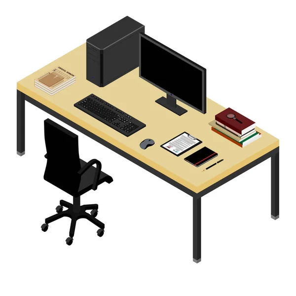 Scrivania e poltrona da lavoro. Computer, laptop, stampante, tablet grafico, fotocamera e notebook sulla scrivania in ufficio . — Foto Stock