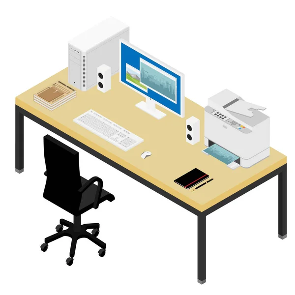 Arbetsplats skrivbord och fåtölj. Dator, laptop, skrivare, grafisk tablett, kamera och anteckningsbok på skrivbordet på kontoret. — Stockfoto