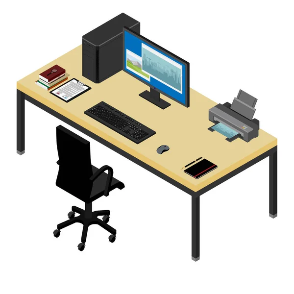 Χώρος εργασίας και πολυθρόνα. Υπολογιστής, laptop, εκτυπωτής, tablet, φωτογραφική μηχανή και σημειωματάριο στο γραφείο του γραφείου. — Φωτογραφία Αρχείου