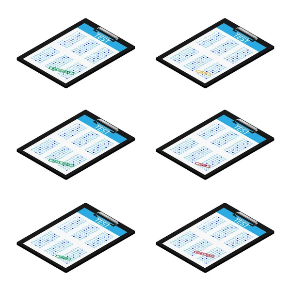 Test, exam paper on clipboard raster icon set isometric view. Exam, or survey concept icon. School test. School exam. — Stock Photo, Image