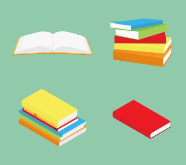 Kitap simgesi ayarlandı. Açılmış kitap, kapanmış kitap, yığınla kitap ve kitap..