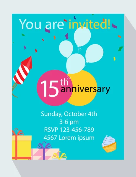 Birthday party invitation card. You are invited 15th birthday anniversary — Stock Photo, Image