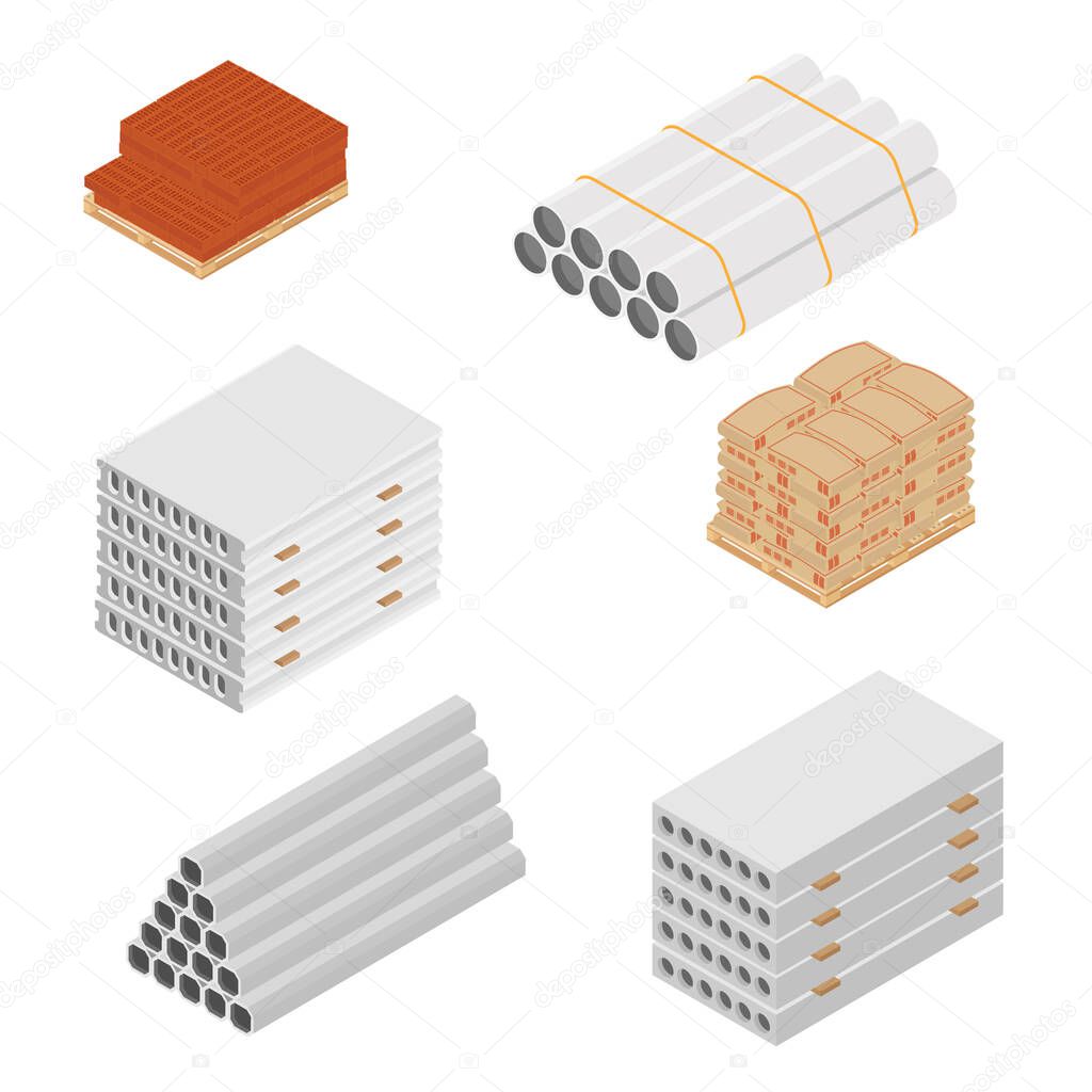 Building and construction materials raster icon set isometric view isolated on white background.