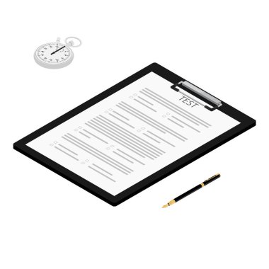 Test, sınav kağıdı pano, kronometre ve kalem izometrik görüntü. Sınav ya da araştırma konsepti simgesi. Okul sınavı. Okul sınavı.