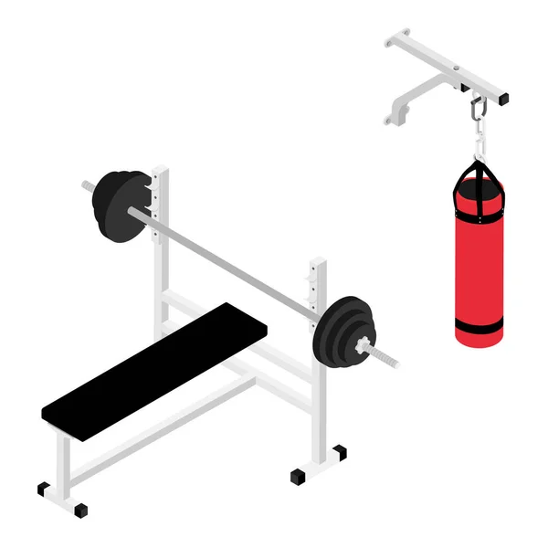 Gym bank met lange halter en bokszak geïsoleerd op witte achtergrond isometrische weergave. — Stockfoto