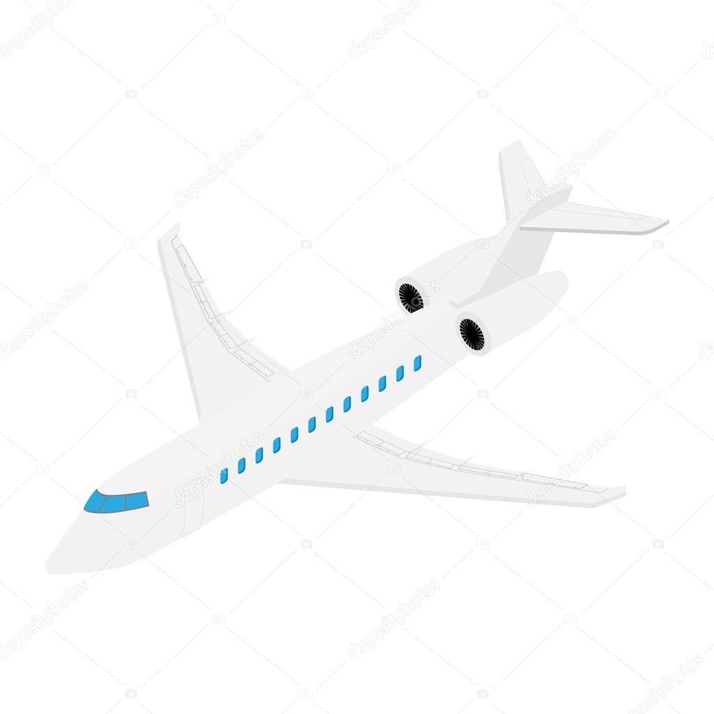 Flying Business jet airplane isolated on white background isometric view.