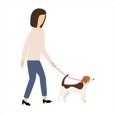 Sahibi ve köpeği tasmalı yürüyor. .