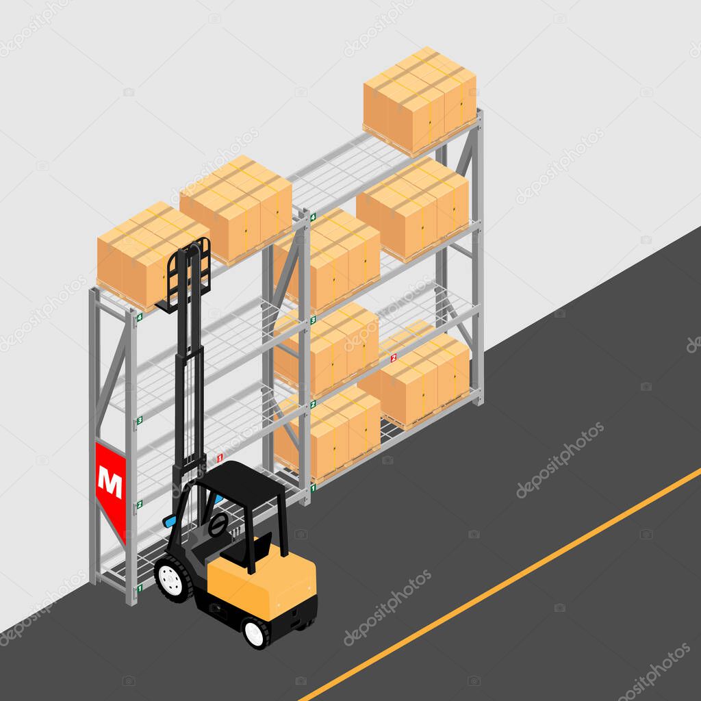 Warehouse interior with shelves, pallets, forklift and boxes. Logistic Delivery Service Concept