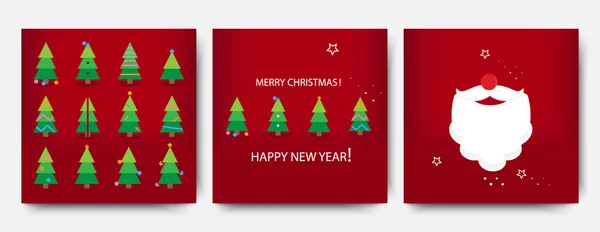 Feliz conjunto de plantillas de Navidad con árboles de Navidad y Santa Claus. Diseño de Navidad y Año Nuevo para tarjetas de felicitación, carteles, etiquetas de regalo, etiquetas o web — Archivo Imágenes Vectoriales