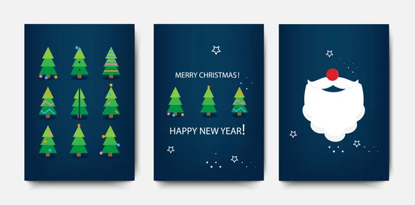 Vrolijk kerstsjabloon bezet met kerstbomen en kerstman. Kerst- en nieuwjaarsontwerp voor wenskaarten, posters, cadeaubonnen, etiketten of web — Stockvector