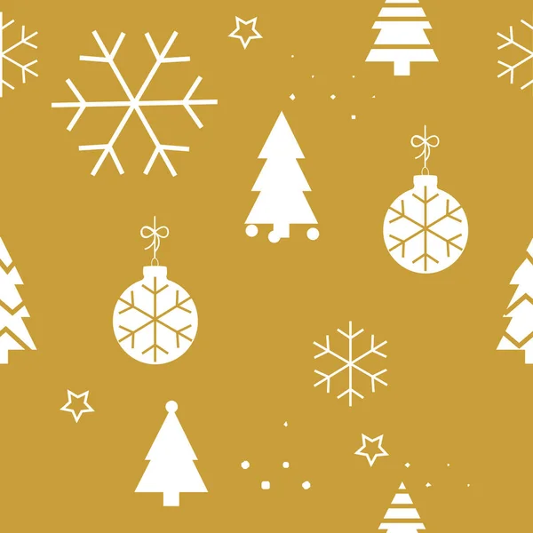 Simple Christmas seamless pattern with Christmas trees and balls. Retro textile collection. On golden background — Stock vektor