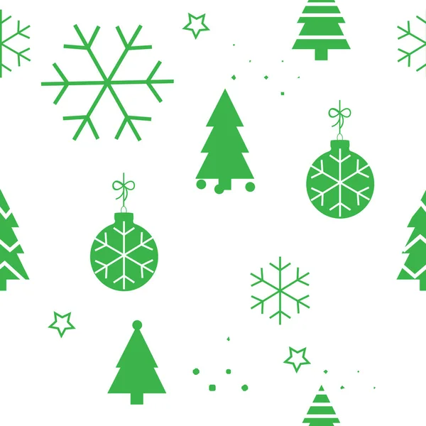Simple Christmas seamless pattern with green Christmas trees and balls. Retro textile collection. On white background — Stock vektor