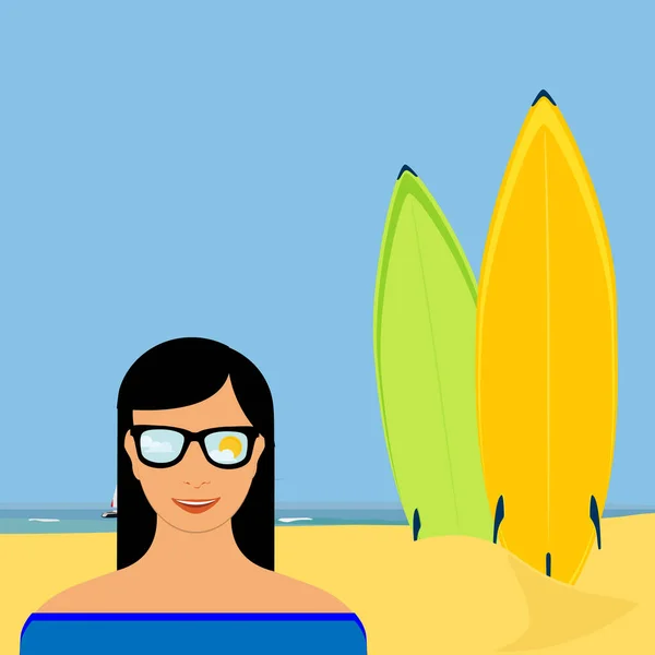 Poster di surf, sfondo. Vista mare e ragazza in occhiali da sole con cielo blu, nuvole e sole riflessione spiaggia tropicale sfondo. — Vettoriale Stock