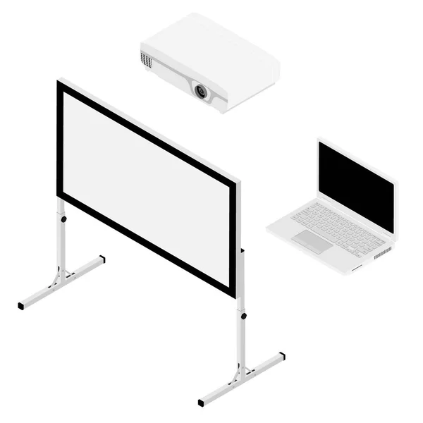 Laptop számítógép, projektor és képernyő izometrikus nézet. Realisztikus videó projektor, fehér üres képernyő és laptop számítógép — Stock Vector