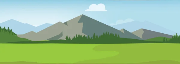 Landsväg i grönt fält och berg. Landsbygdsgatans illustration. Sommar eller vår landskap. — Stock vektor