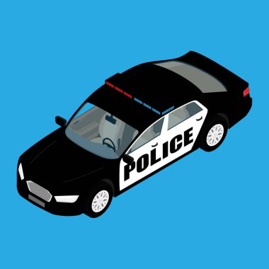 Polis arabasının izometrik görüntüsü mavi arka planda izole edilmiş. Polis taşımacılığı