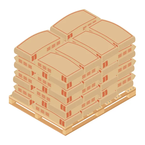 Bolsas de cemento apiladas en paleta de madera. Sacos de papel . — Vector de stock