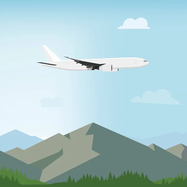 Vue paysage sur les montagnes, la forêt et l'avion volant. Paysage d'été et de printemps, fond . — Image vectorielle