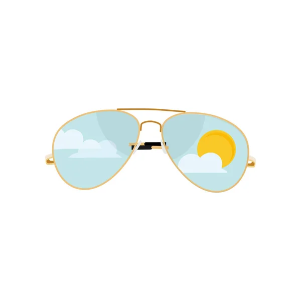 Gafas de sol con cielo azul, nubes y reflejo solar . — Archivo Imágenes Vectoriales